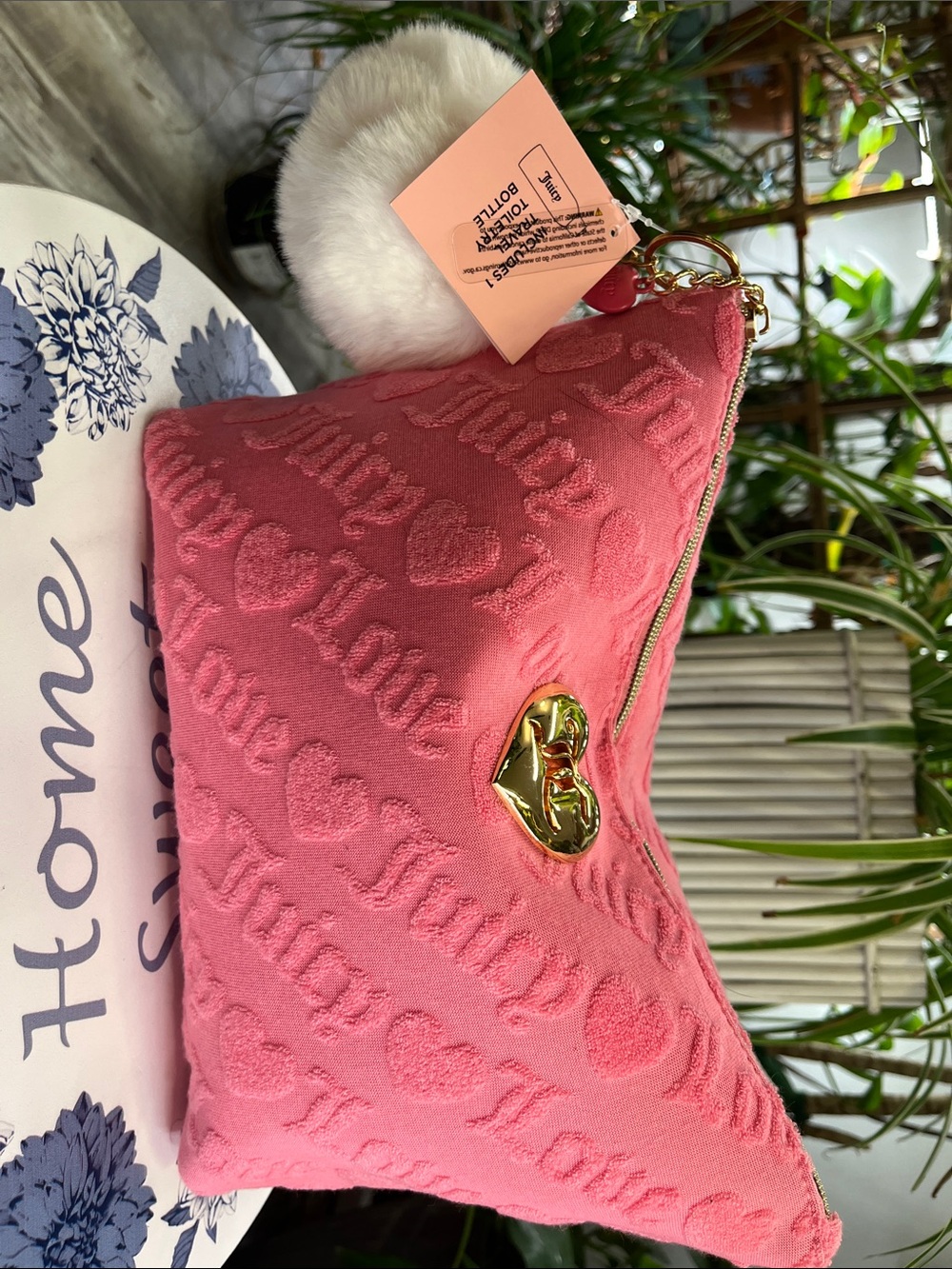 Juicy Couture Pink Heart-Embossed cosmetic bag with Gold Heart Logo and puff